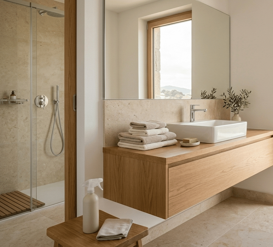 Profesional organizando baño y textiles con estándar de limpieza premium